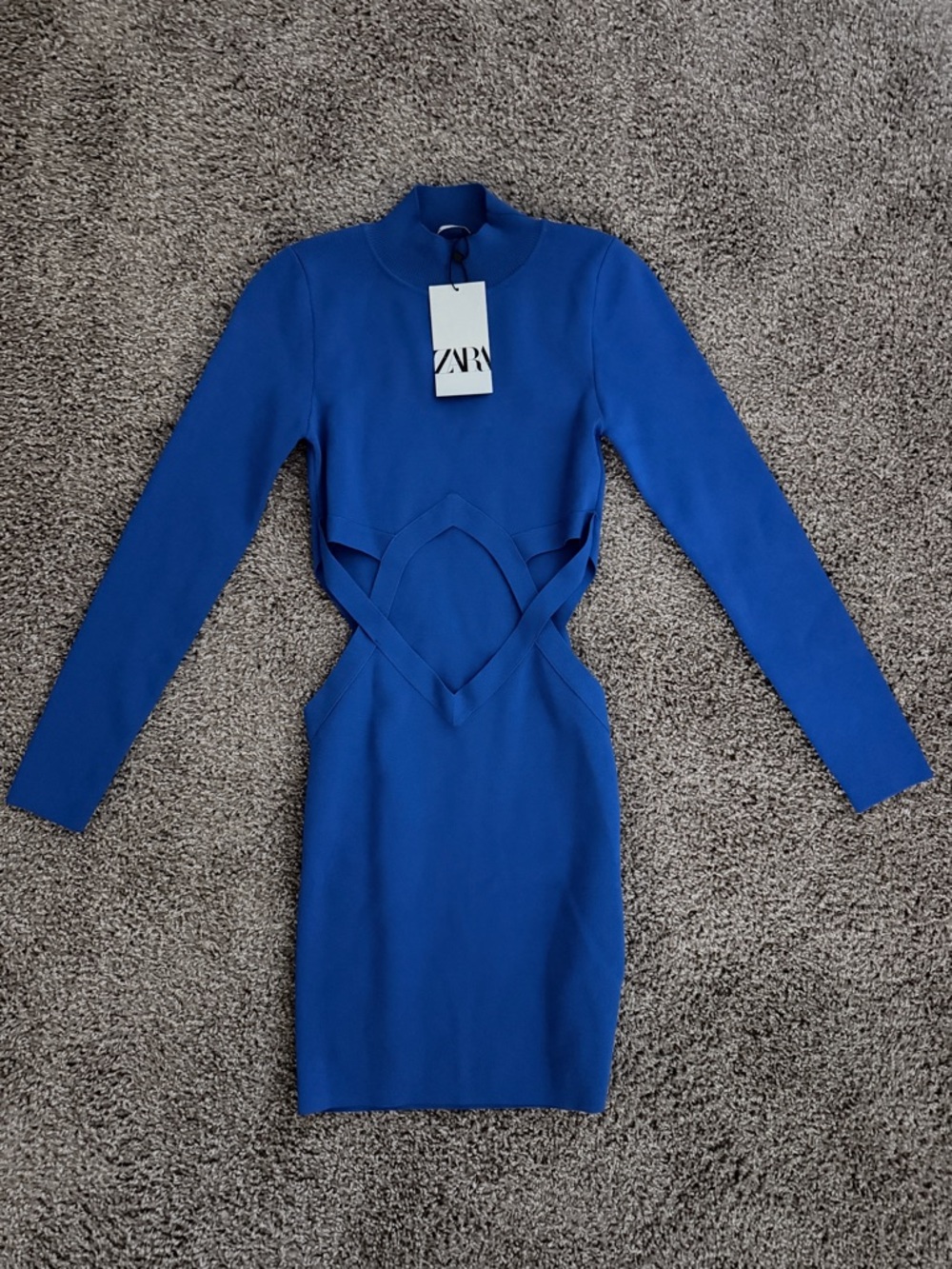 ZARA Electric Blue Cutout Bodycon Dress 💙 Sculpted Waist NWT Size M - Picture 2 of 4